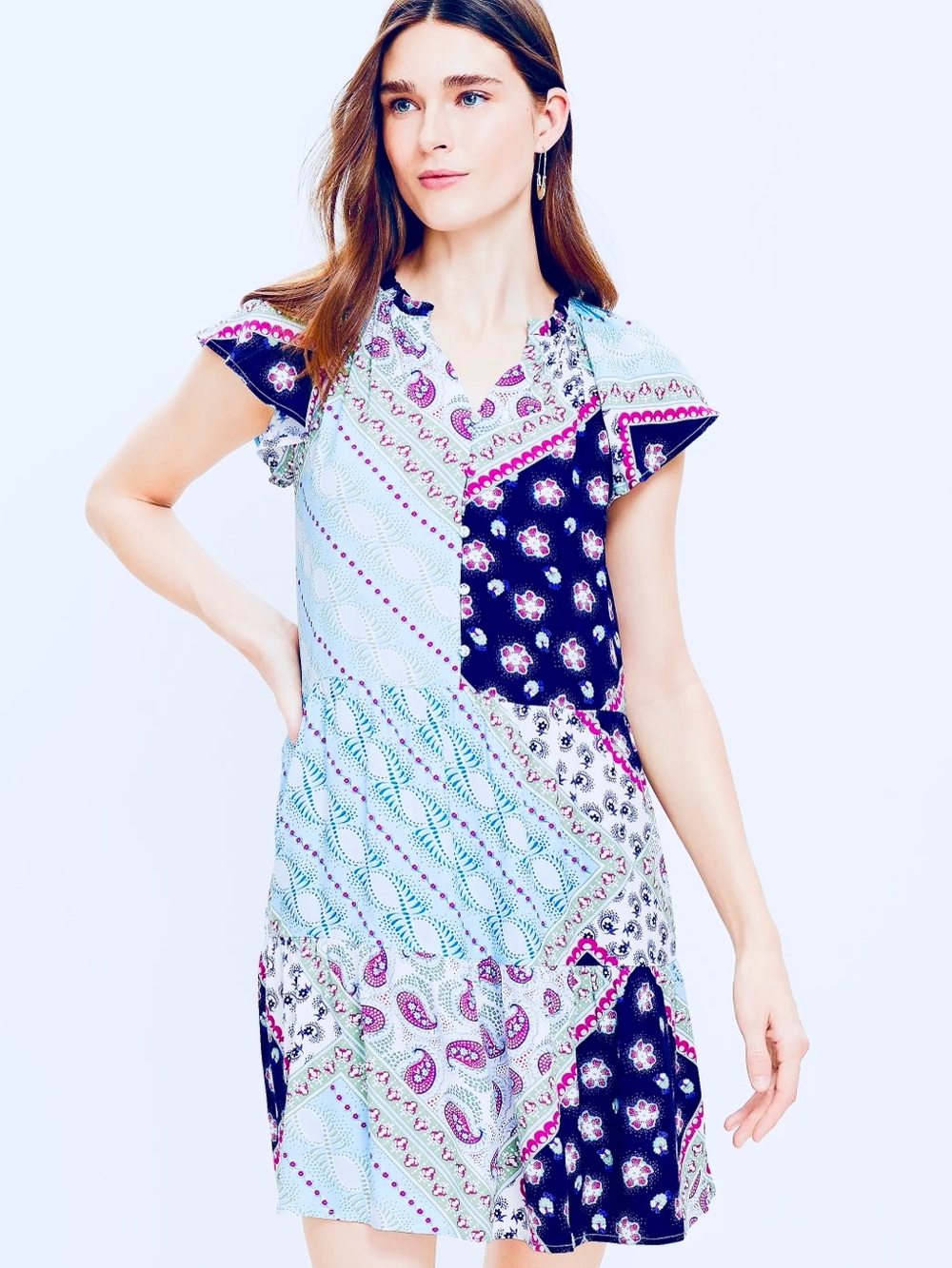 LOFT Multicolor Babydoll Dress with Floral and Paisley Patterns